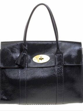 Mulberry Black Patent Leather Top-Handle Bayswater Tote with Silver Accent EUC